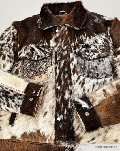 Hair On Cowhide Jacket in Tricolor Brown White Western Style