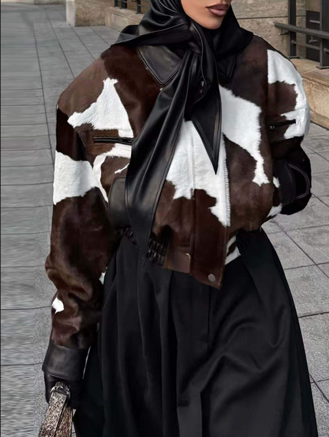 Women tricolor hair on cowhide jacket