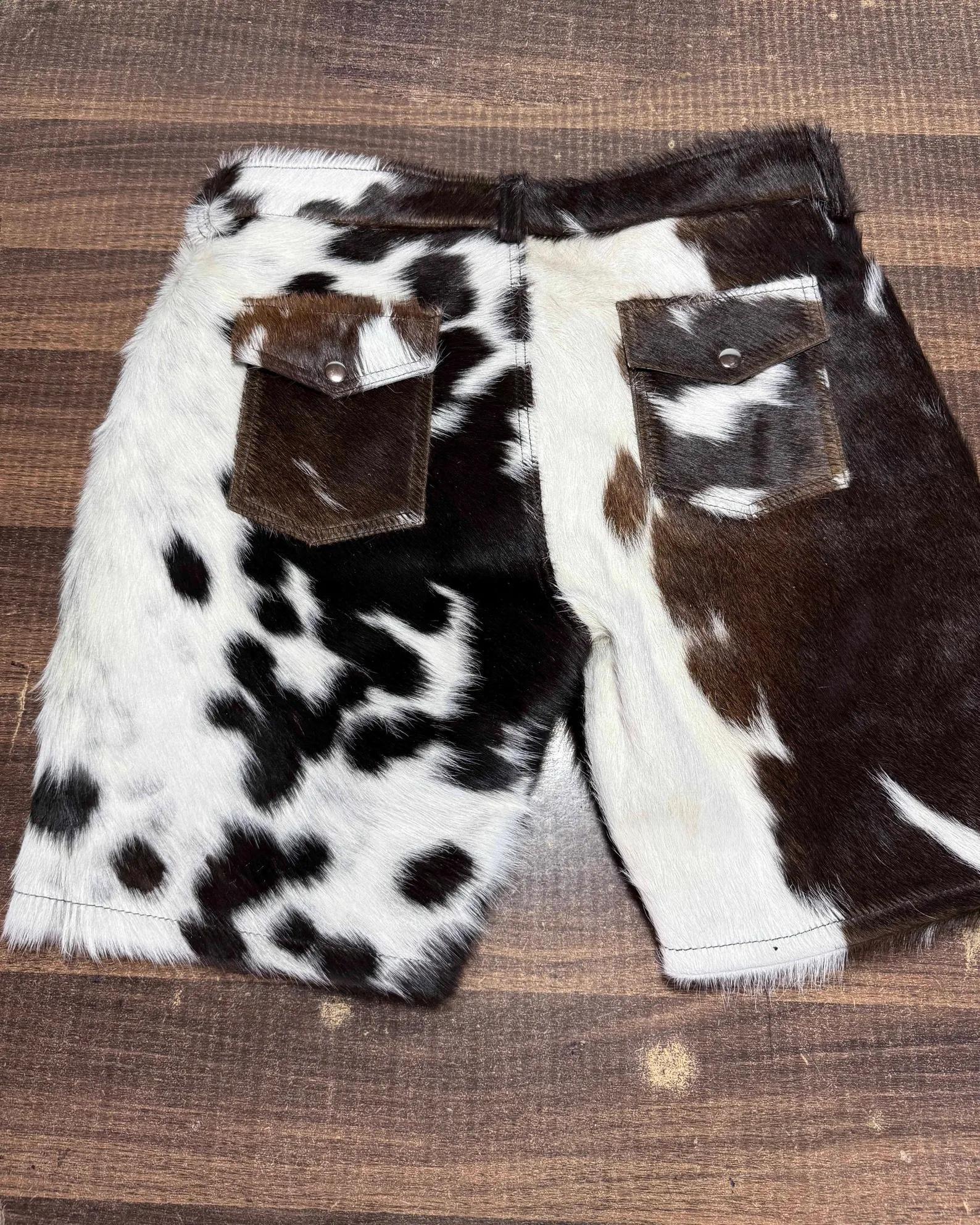 Cowhide shorts men tricolor hair on leather