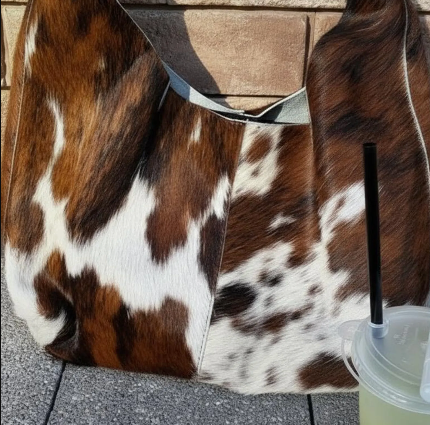 Brown white cowhide hobo shoulder bag for western daily use