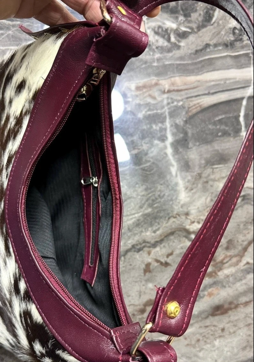 real cowhide handbag in brown and white natural