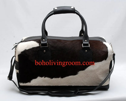 cowhide duffle bag black white hair on travel bag
