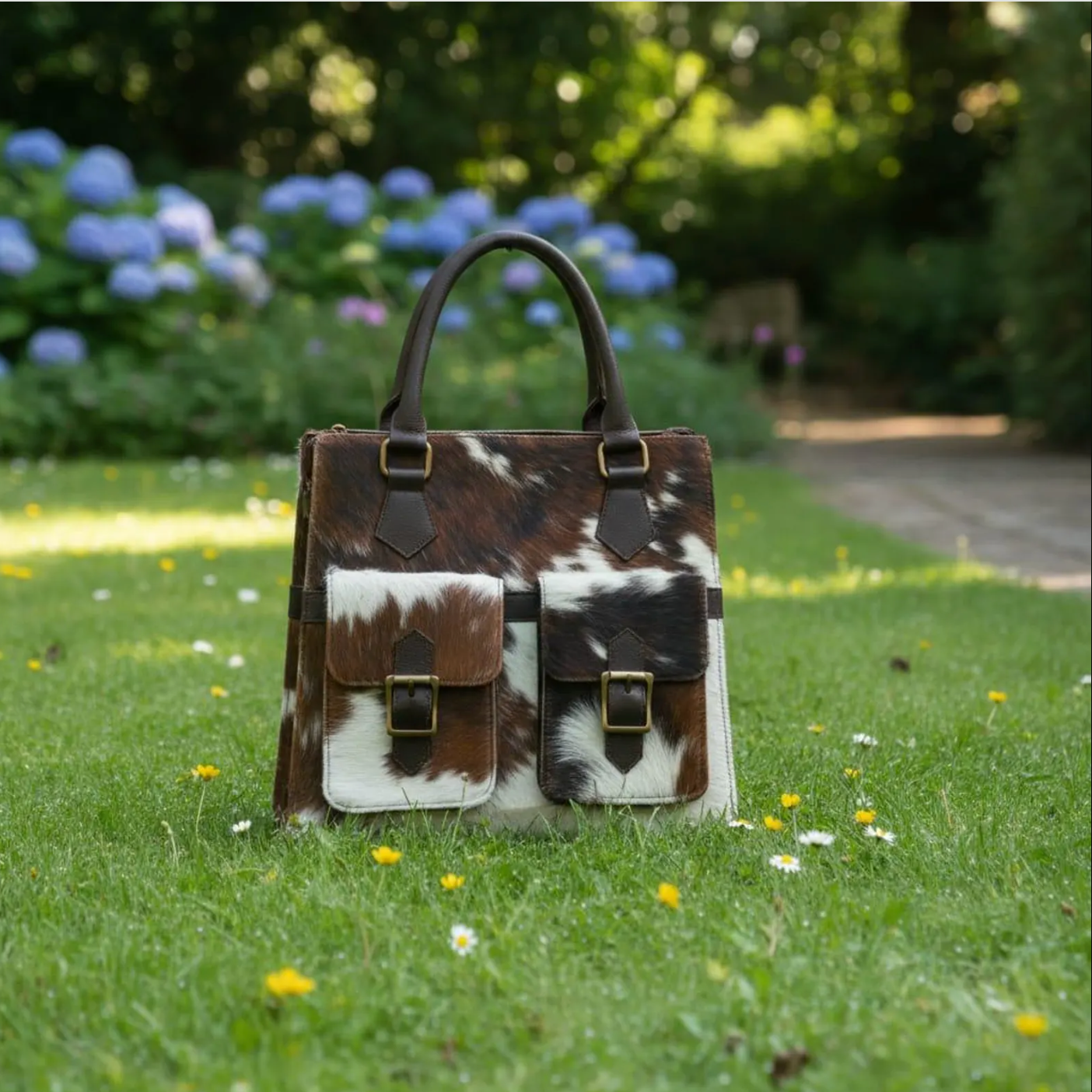 Brown white cowhide pocket tote bag