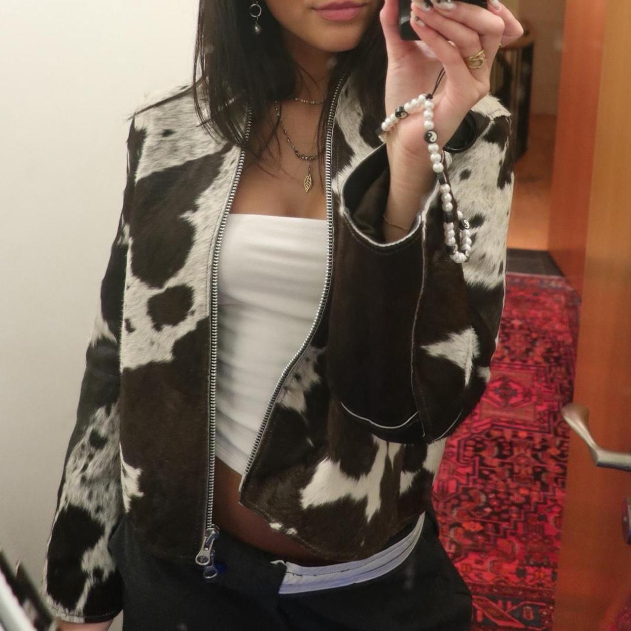 Women tricolor cowhide jacket real hair on hide cow print