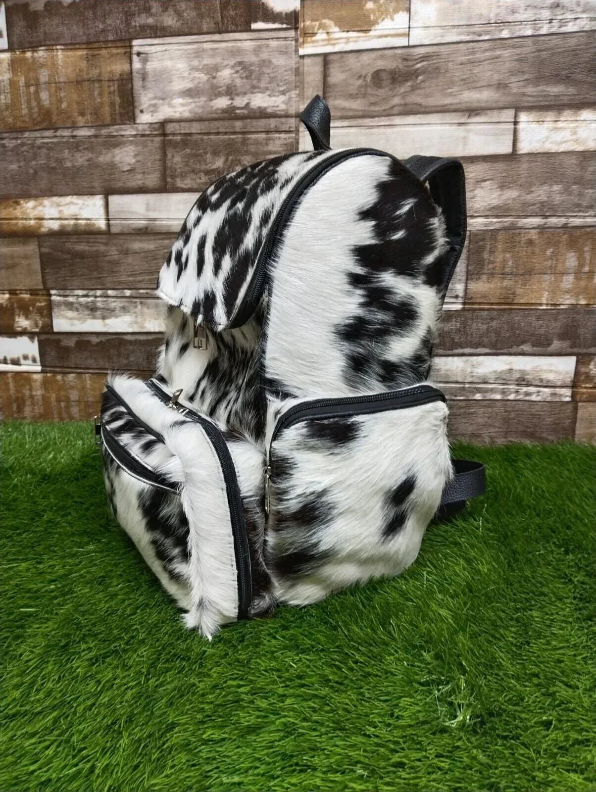 cowhide backpack black white leather backpack purse
