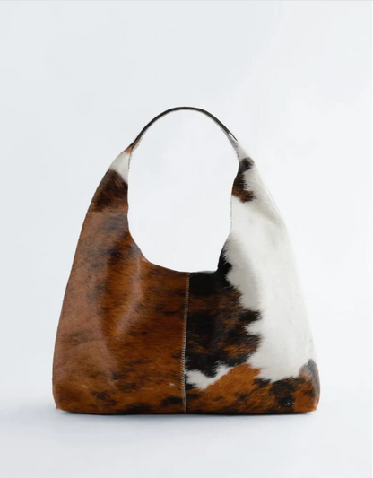 Brown white cowhide shoulder tote bag