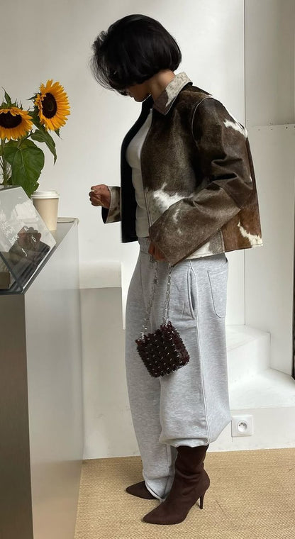 Women cowhide jacket brown fur leather coat cropped