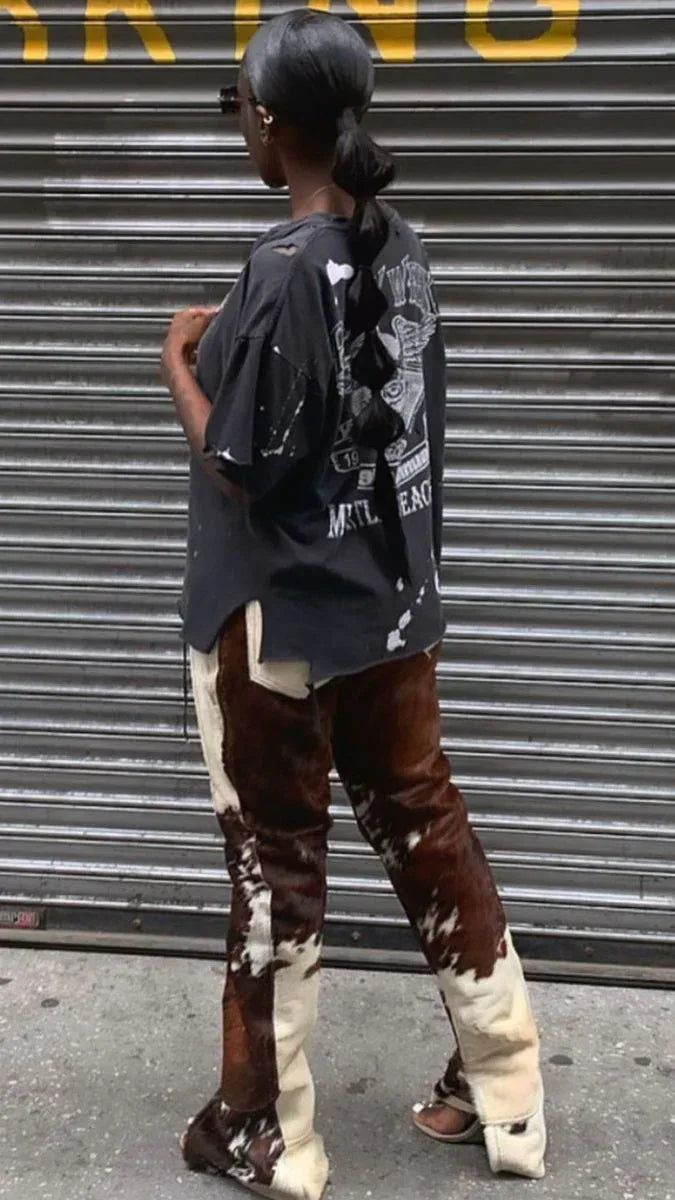 Brown Cowhide Pants Women Hair On Leather Trousers