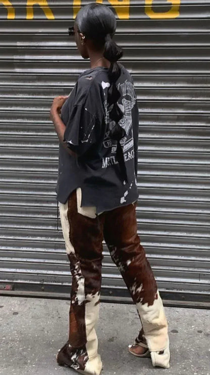Brown Cowhide Pants Women Hair On Leather Trousers