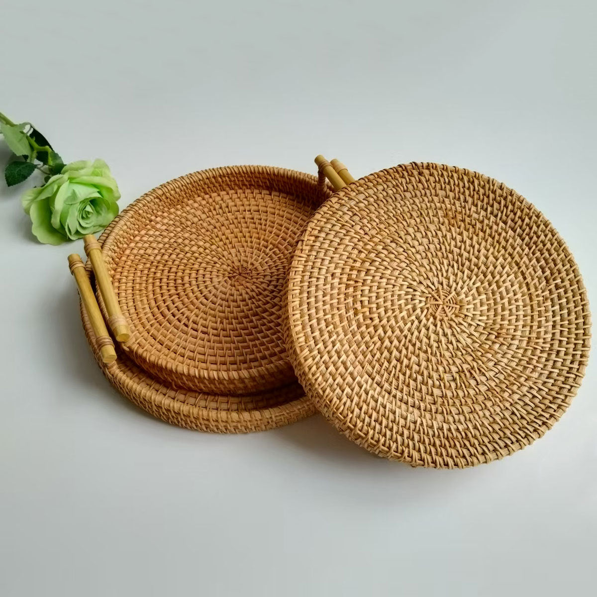 Round rattan tray set with white handles