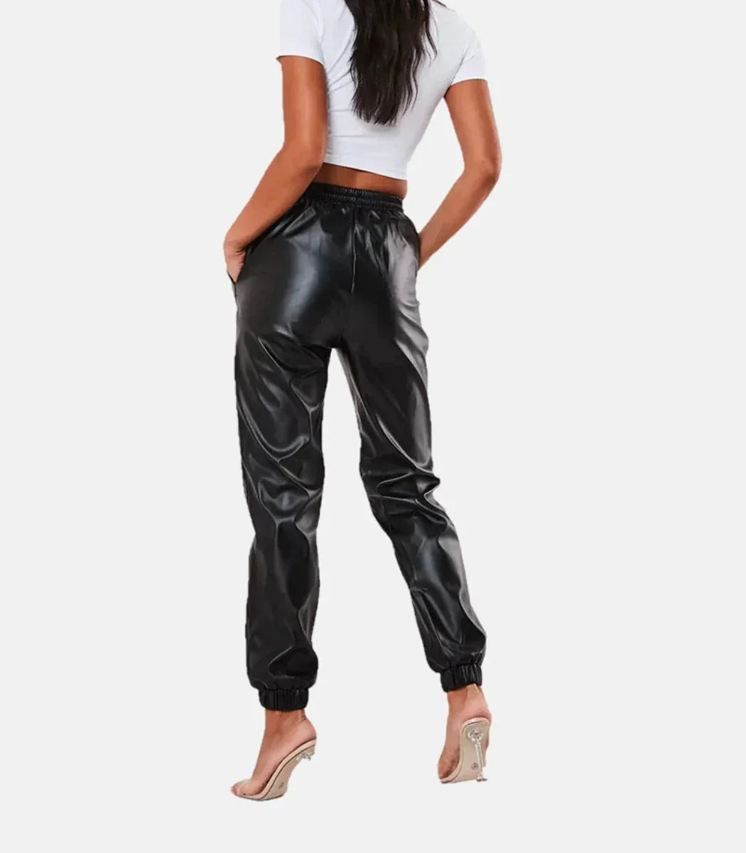women genuine leather pants slim fit black elastic waist trousers