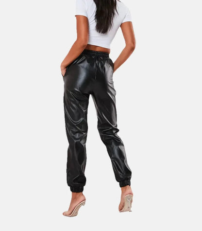 women genuine leather pants slim fit black elastic waist trousers