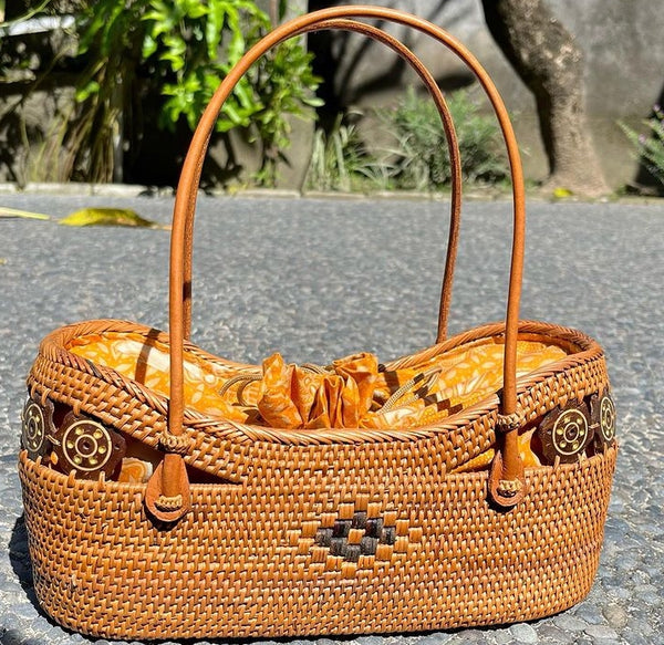 Round Rattan Bag with Handle Wicker Bags Premium Weaving
