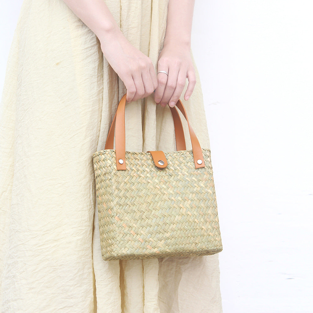 Nordic mini woven straw tote with leather handles