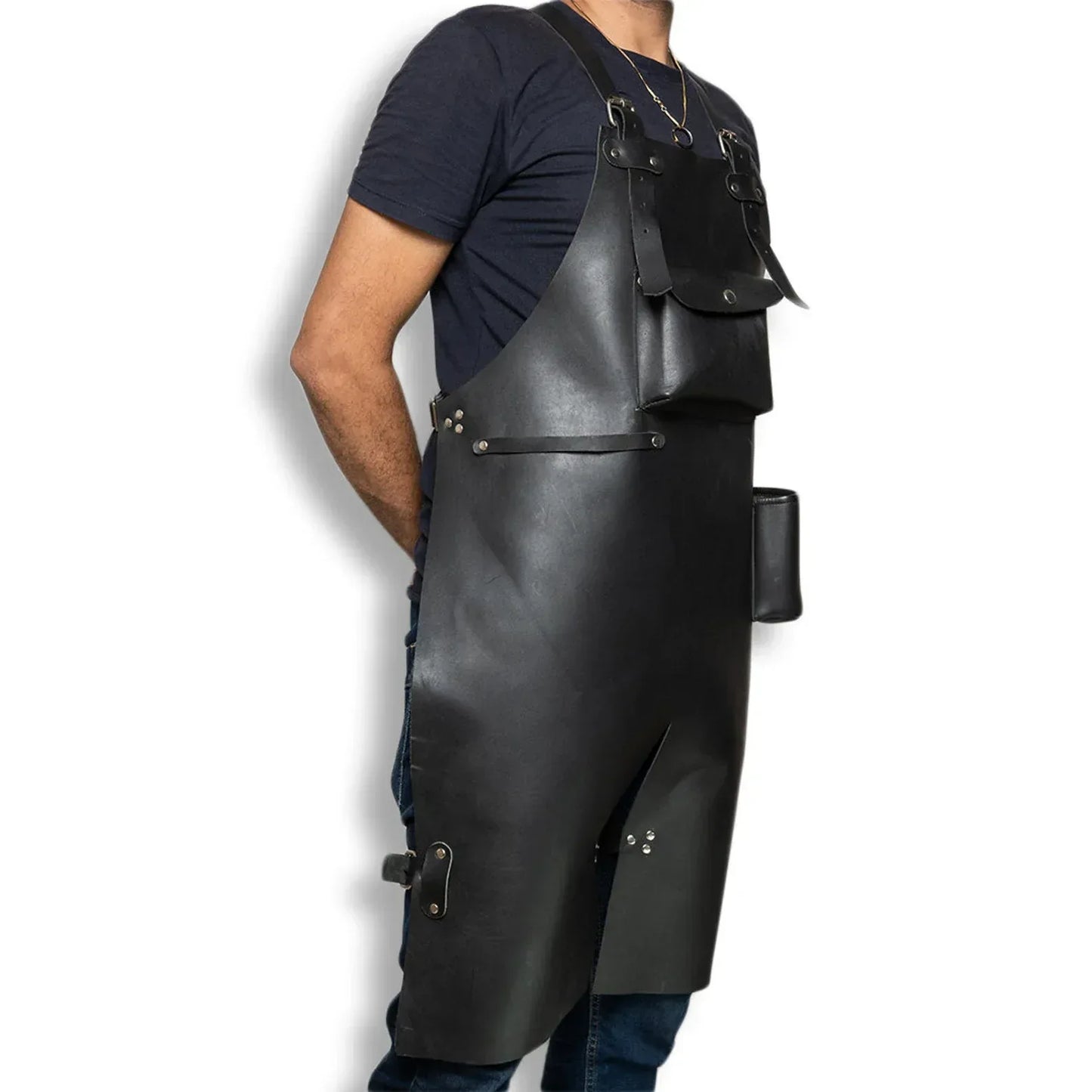 Black Leather Apron with Pockets for Workshop and BBQ