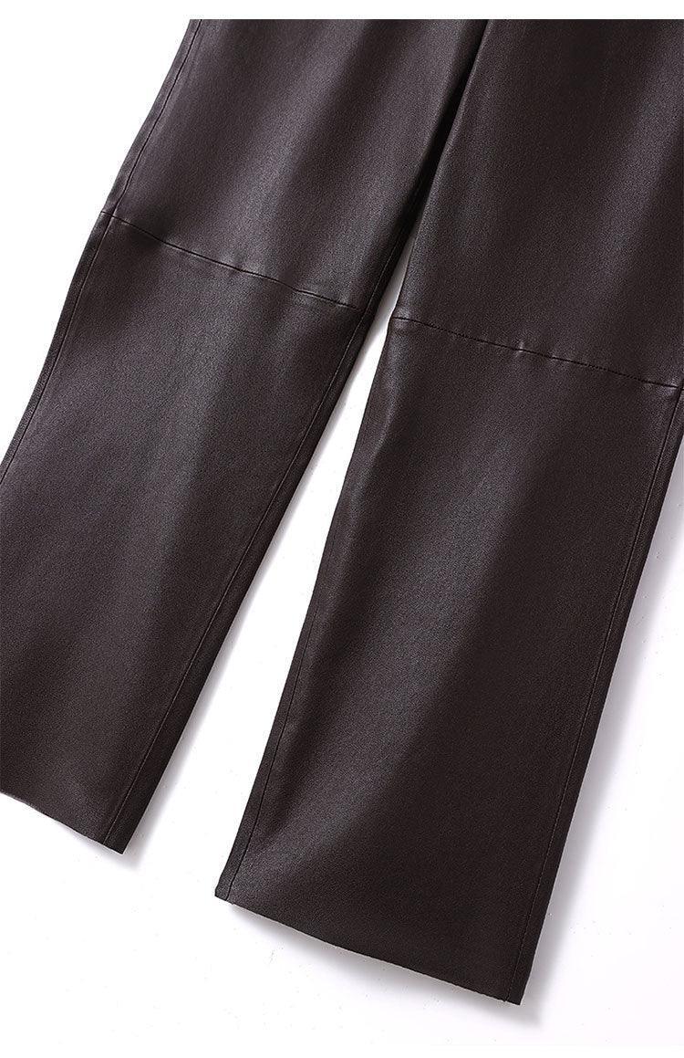 Women Leather Pants Brown High Waist
