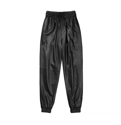 Women Leather Pants High Rise Black Cuff Trousers