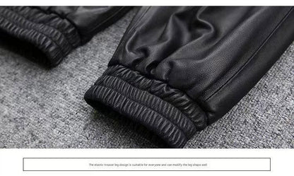 Women Leather Pants High Rise Black Cuff Trousers