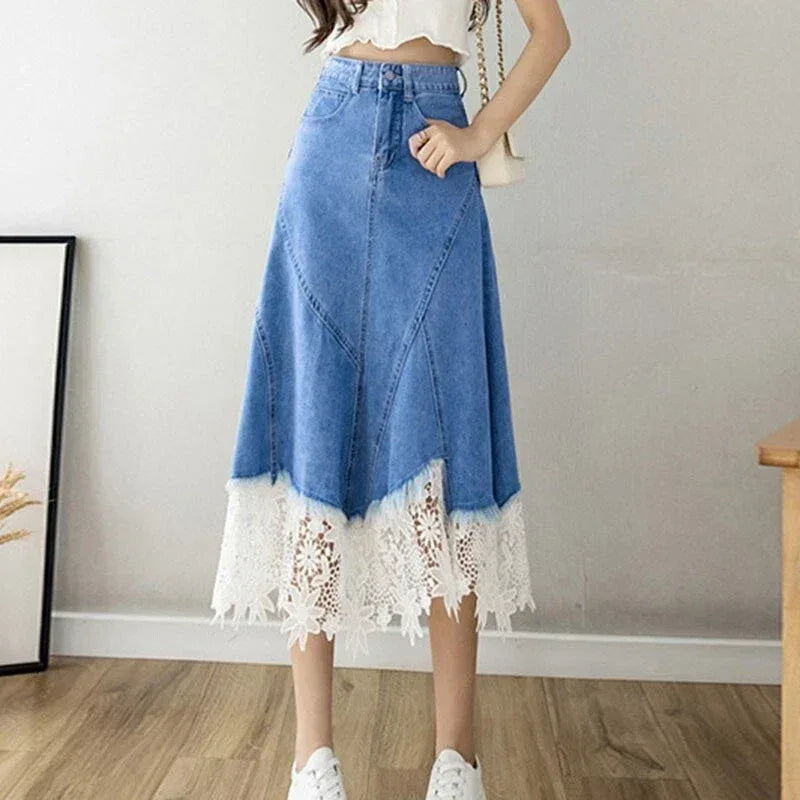 High Waisted Denim Midi Skirt with Lace Hem
