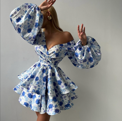 Blue floral layered puff sleeve mini dress