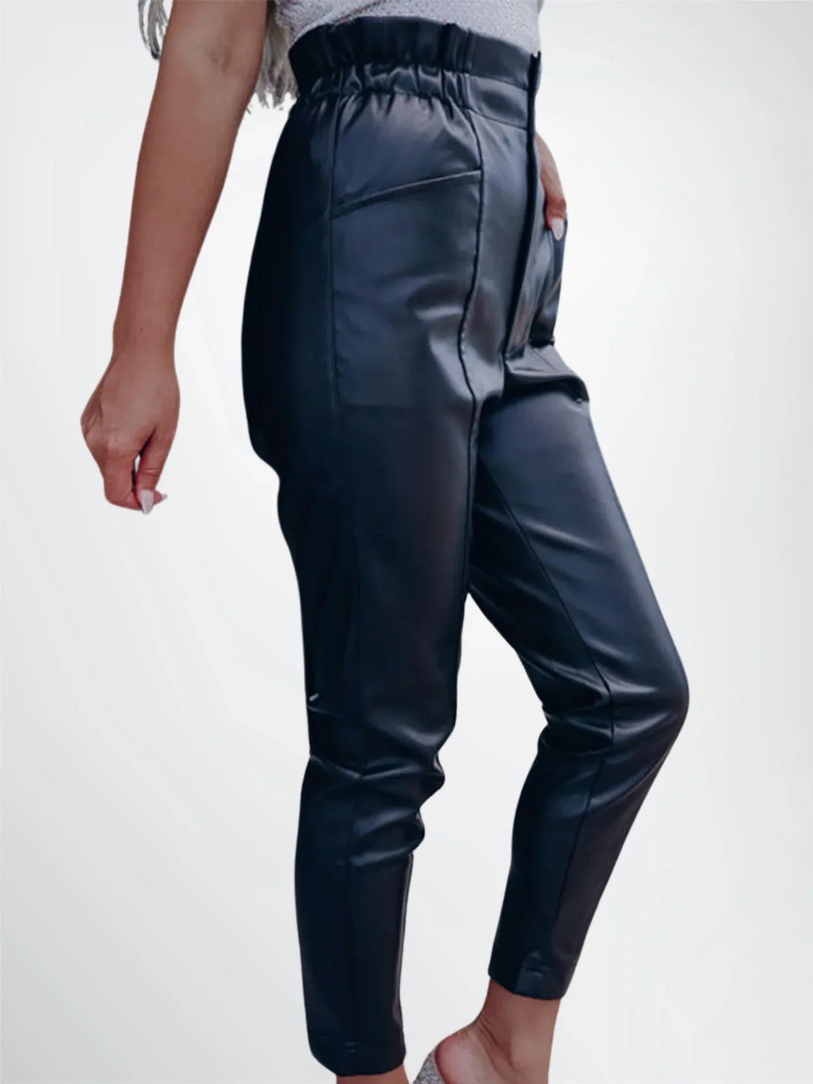 cropped leather pants women high waist black genuine leather