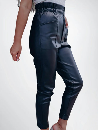 cropped leather pants women high waist black genuine leather