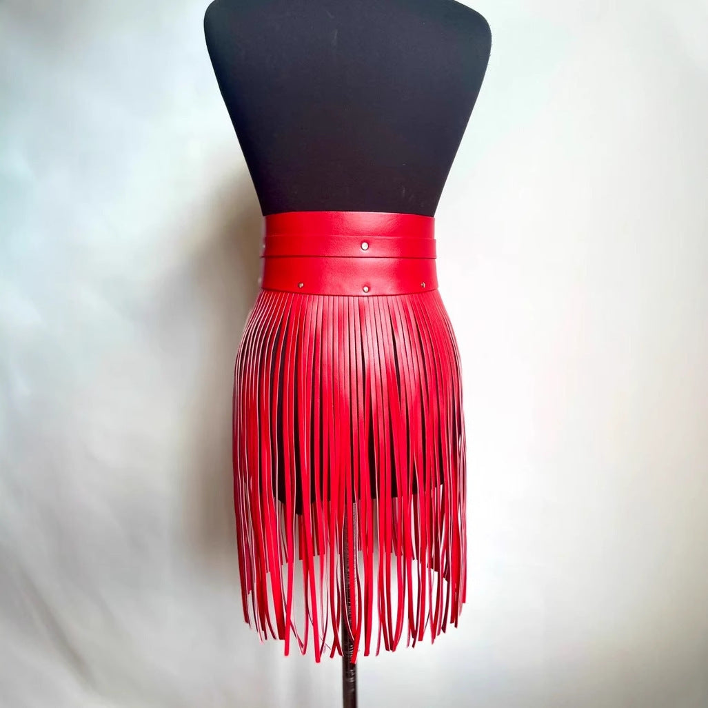 Women red fringe faux leather belt skirt high waist tassel design