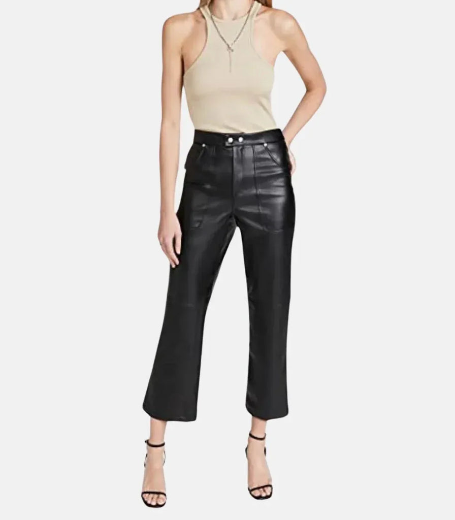 High waist leather trousers women double button black cropped