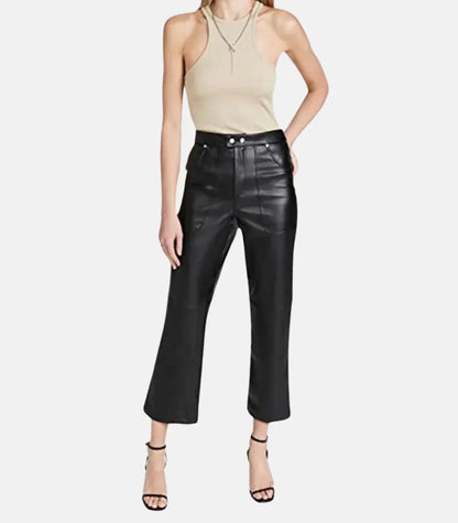 High waist leather trousers women double button black cropped