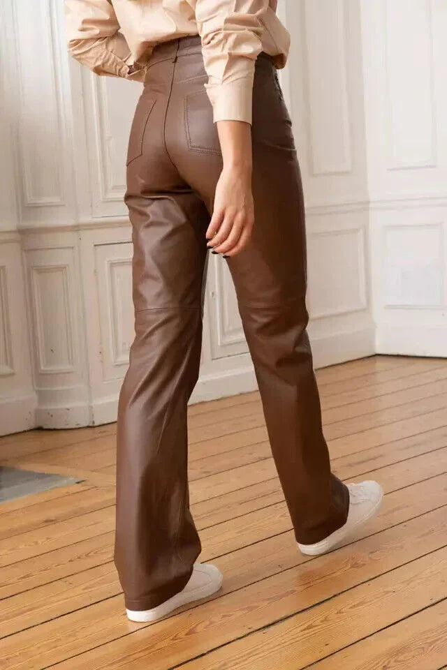 women genuine leather pants brown high waist slim fit lambskin