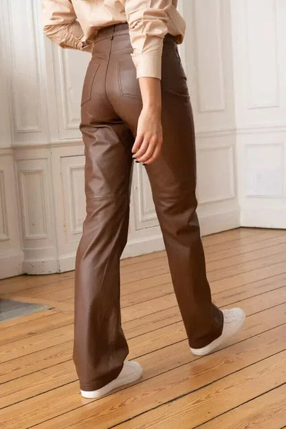 women genuine leather pants brown high waist slim fit lambskin