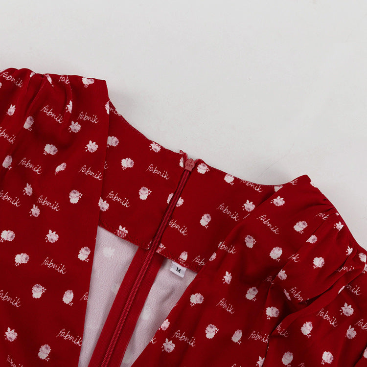 Red floral pleated mini dress