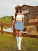 Light Wash Button Front Boho Denim Mini Skirt