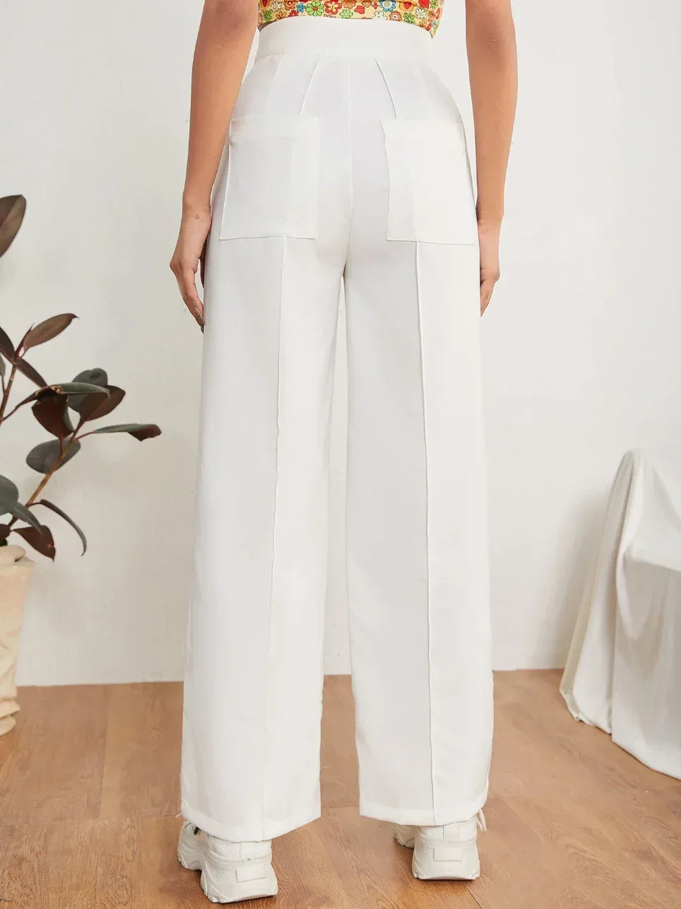 White Pleated Pants Women Loose Fit Breathable Everyday Wear