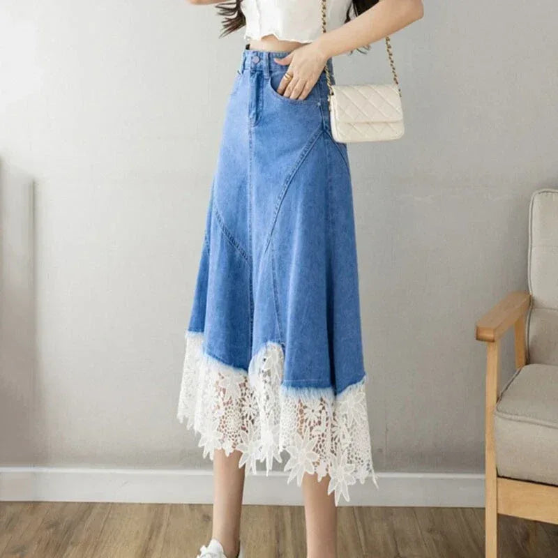 High Waisted Denim Midi Skirt with Lace Hem