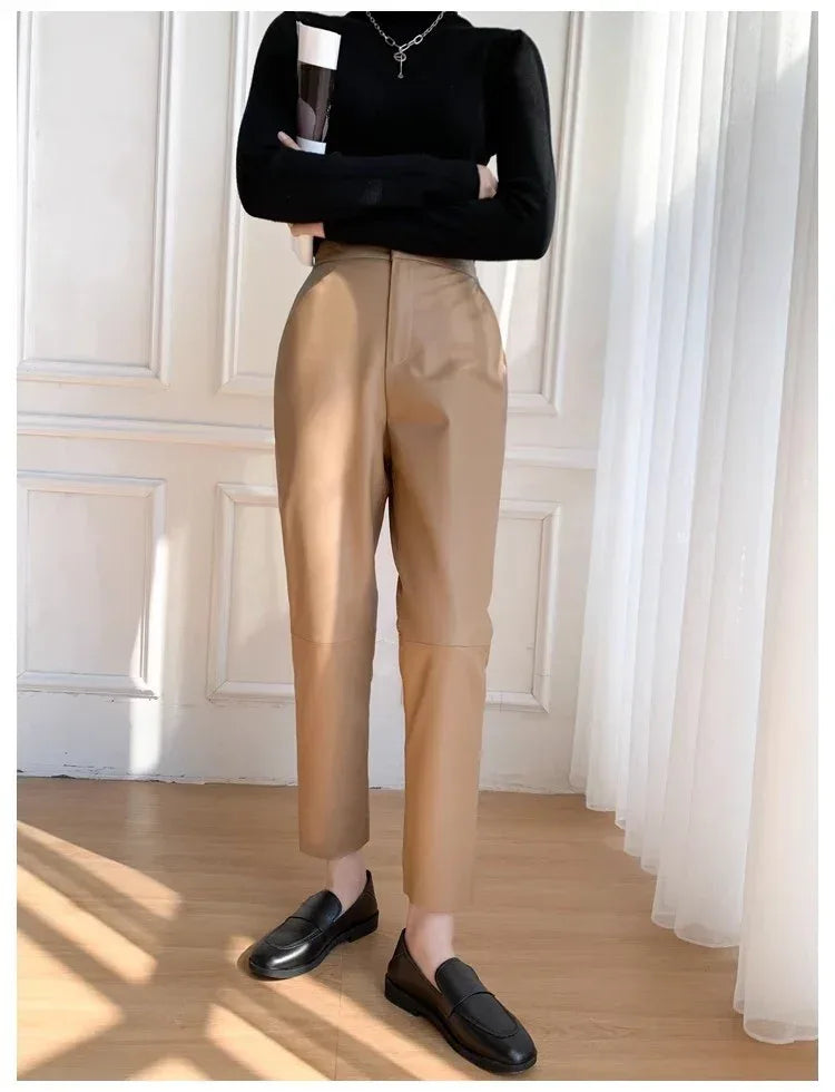 Women Leather Pants High Waist Harem Fit 1 S