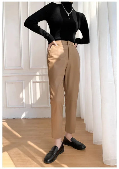 Women Leather Pants High Waist Harem Fit