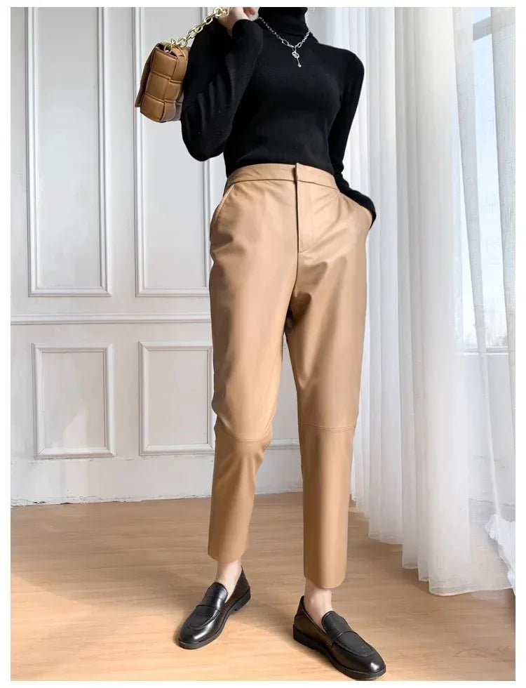 Women Leather Pants High Waist Harem Fit