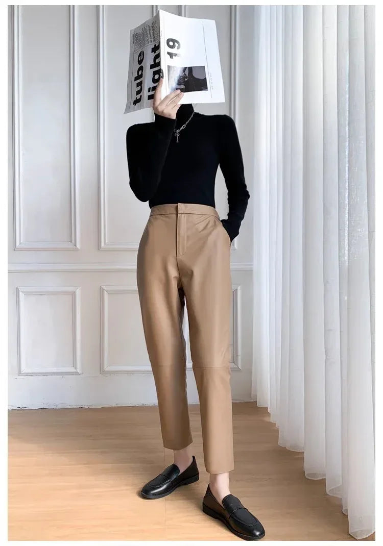Women Leather Pants High Waist Harem Fit