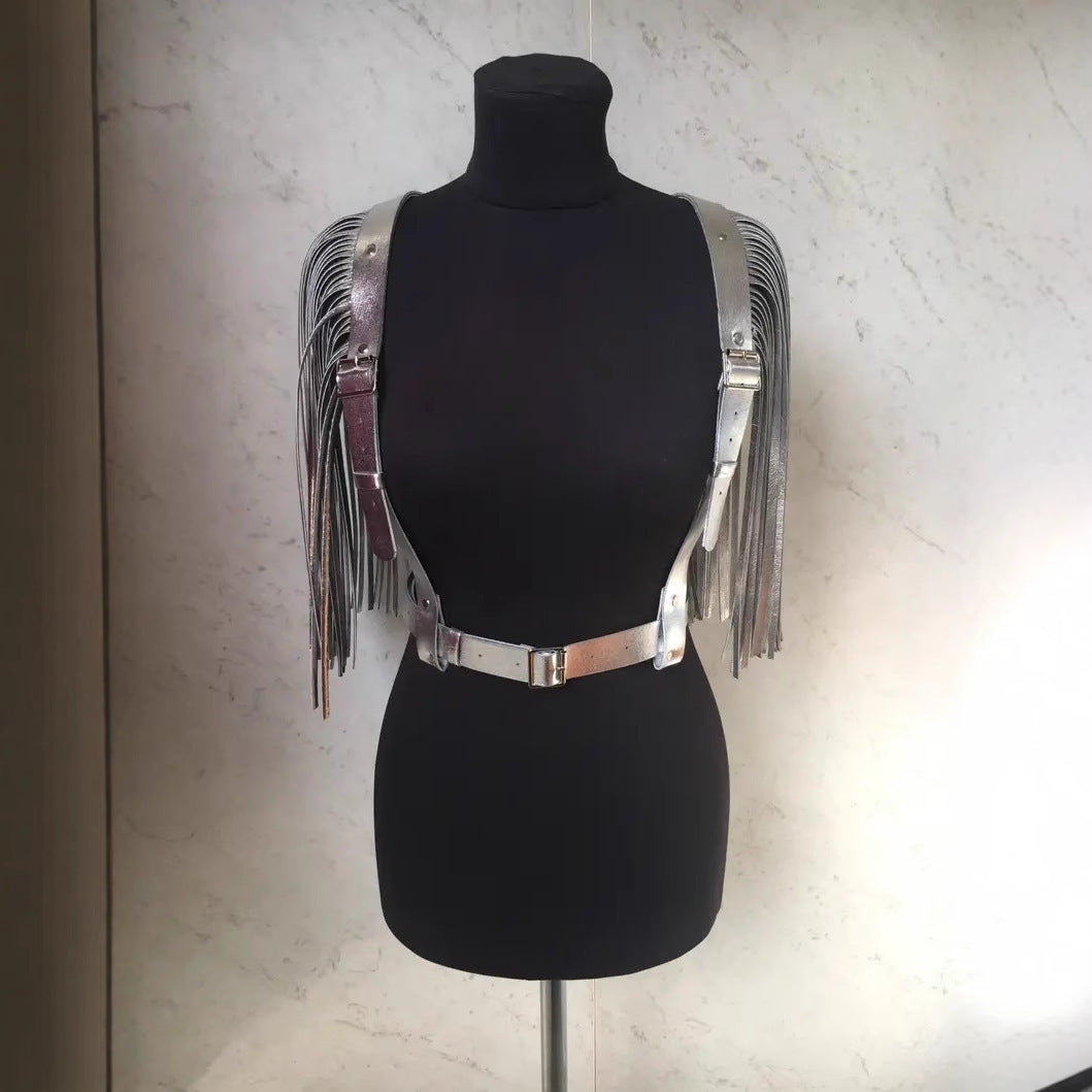 Holographic fringe shoulder harness festival rave tassel belt