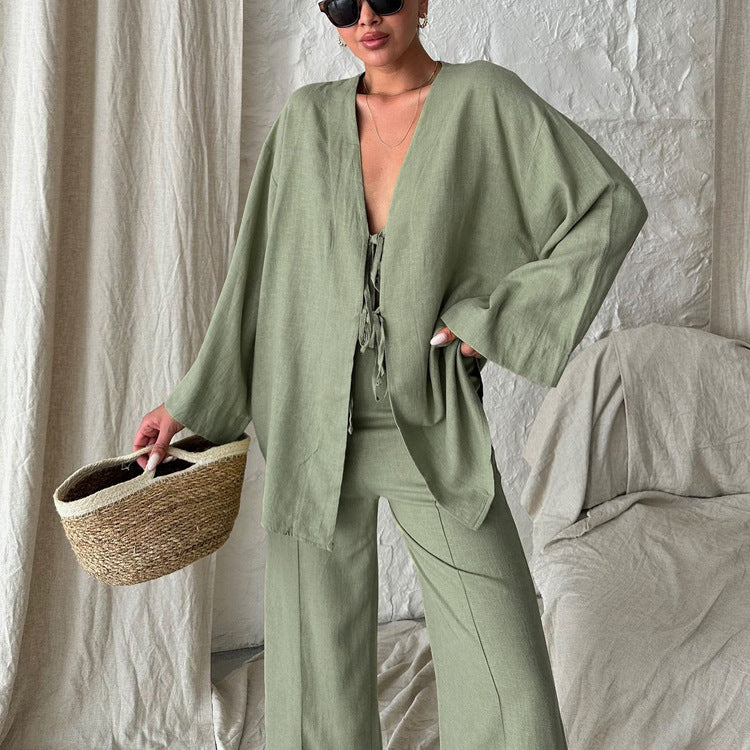 Loose cotton lounge cardigan trousers two piece set