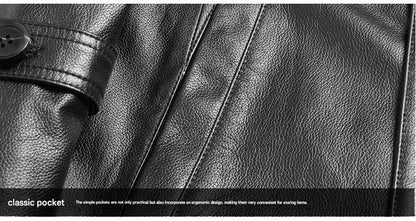 Men long cowhide leather trench coat