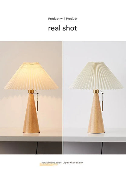 Japanese pleated wooden fabric led table lamp