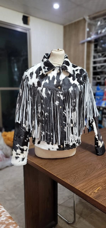 Women cow hair jacket with fringe