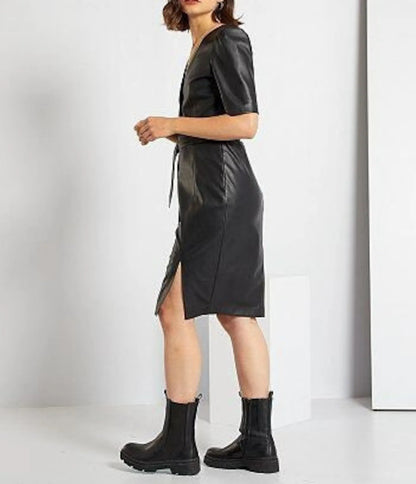 women v neck leather dress