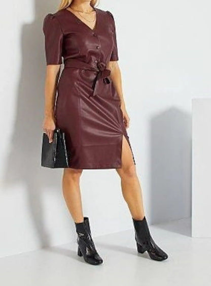 women v neck leather dress