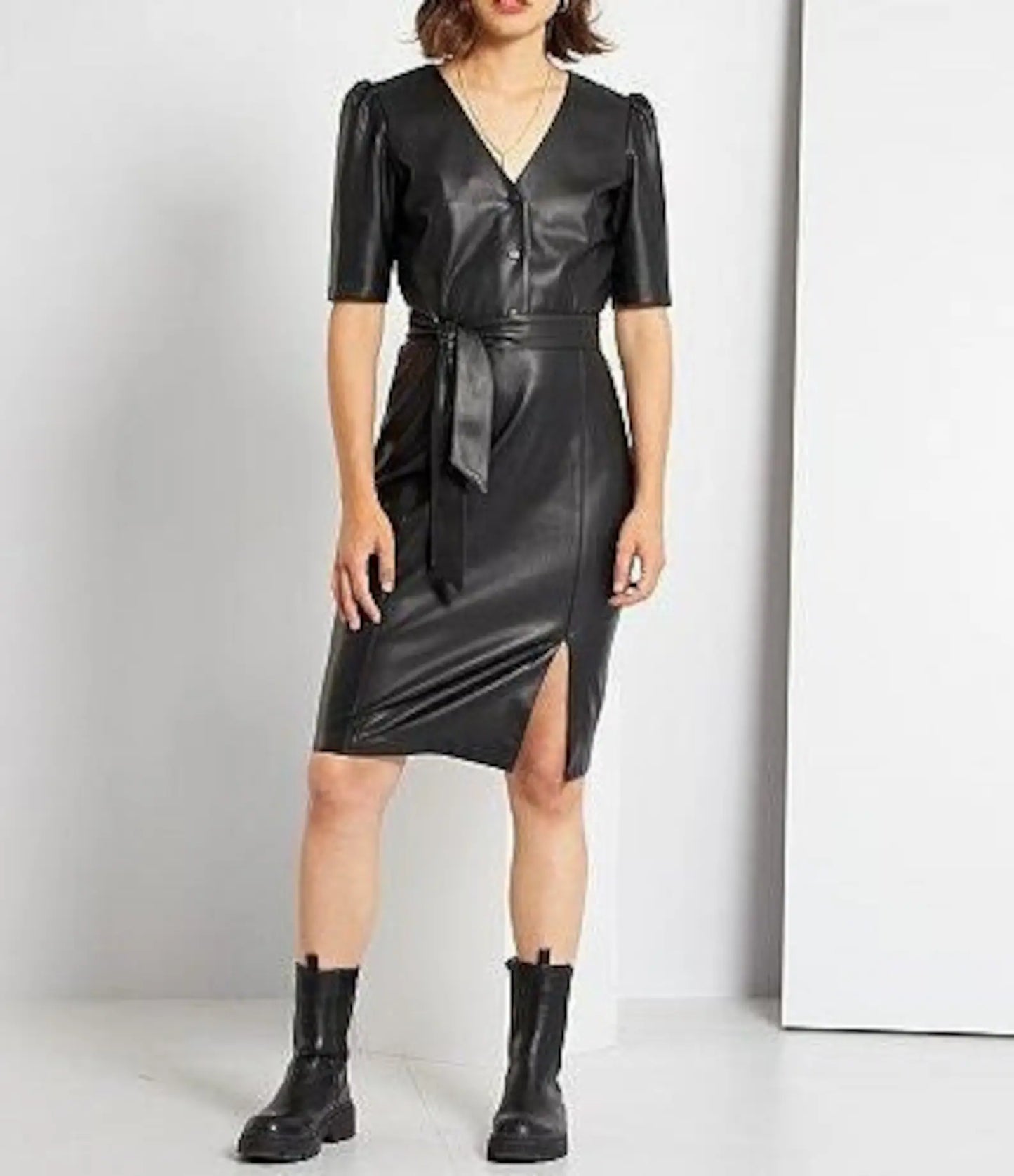 women v neck leather dress