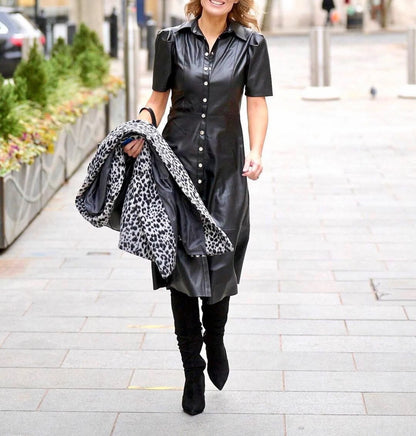 women buttoned long leather dress