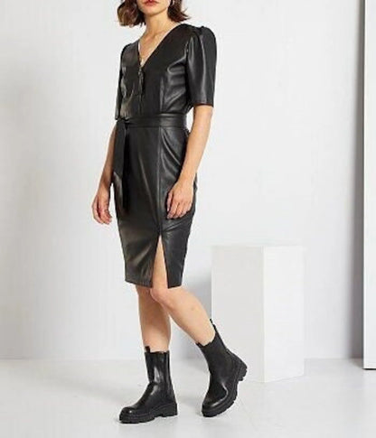 women v neck leather dress