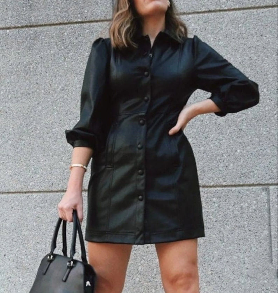 women leather button down dress